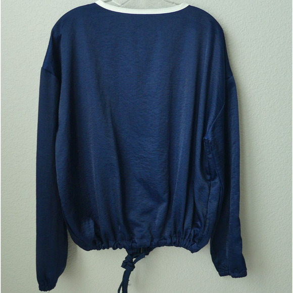 Woman's Blue Satin Jacket LARGE Zip-Up Y2K White Trim Cinch Tie Waist - Picture 3 of 7